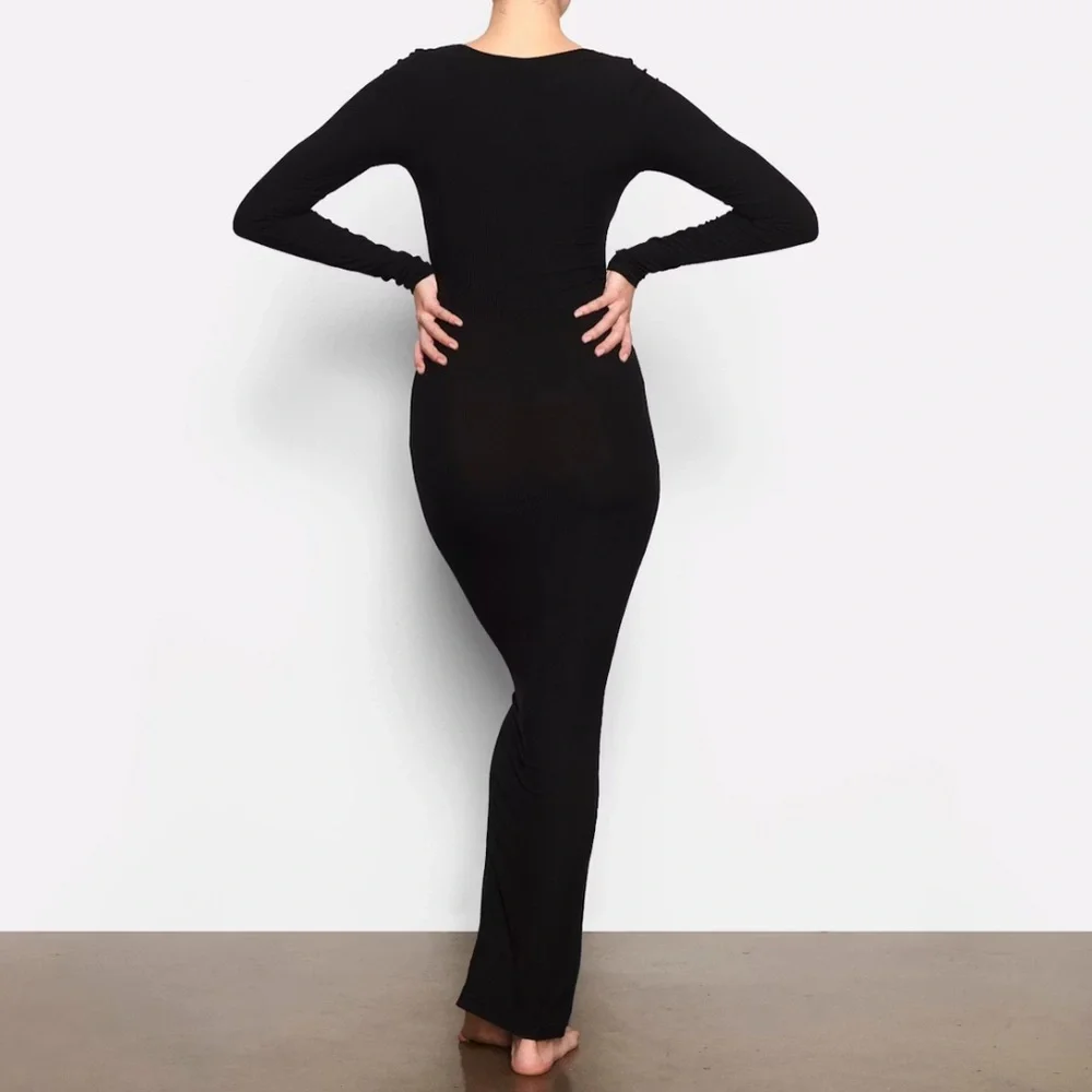 Skims Soft Lounge Long Sleeve Maxi Dress Square Neck Black Onyx Large Stretchy - Picture 2 of 7